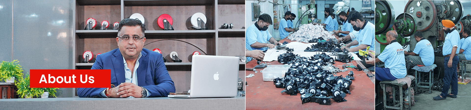 Combined image of Owner Pankaj Narula, employees working on the production line of wheel machine and wheel balancing machine